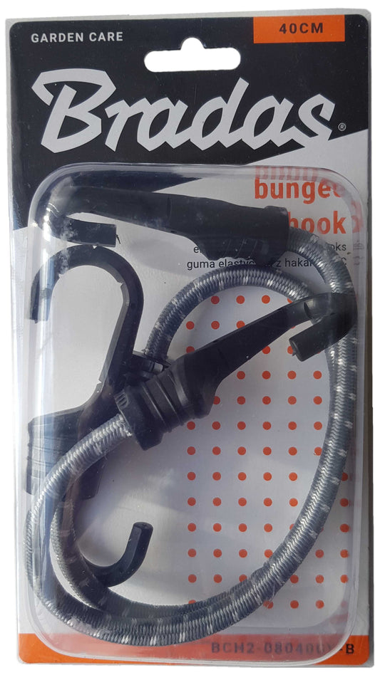 Pack of two Bradas 40cm elastic bungee cords with PVC-coated metal hooks.