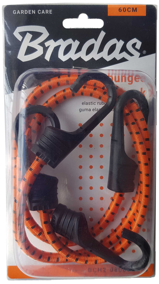 Pack of two Bradas 60cm elastic bungee cords with PVC-coated metal hooks.