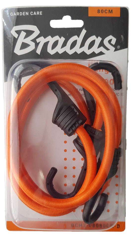 Pack of two Bradas 80cm elastic bungee cords with PVC-coated metal hooks.
