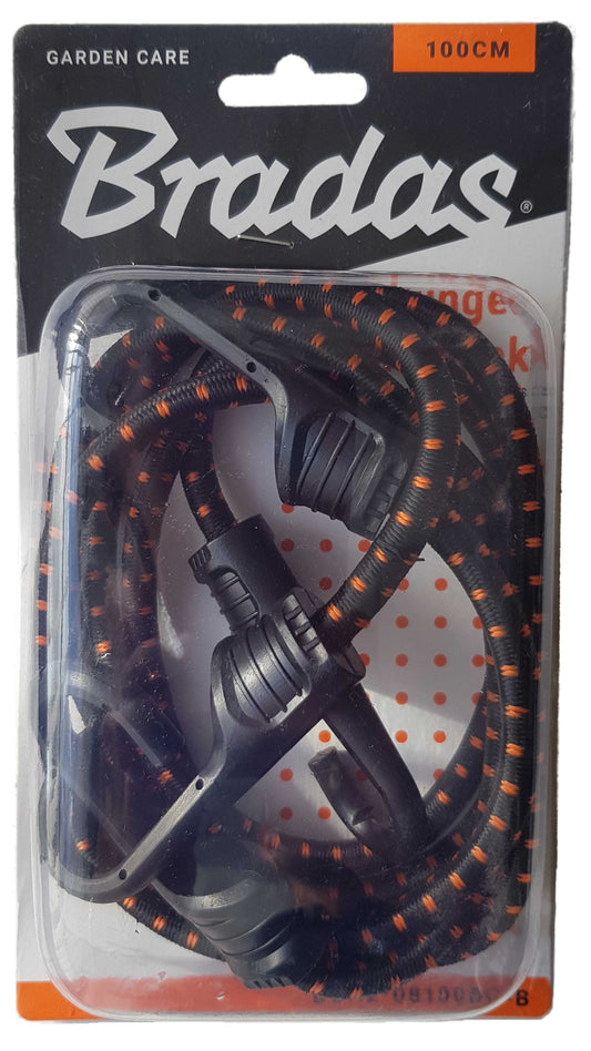 Pack of two Bradas 100cm elastic bungee cords with PVC-coated metal hooks.