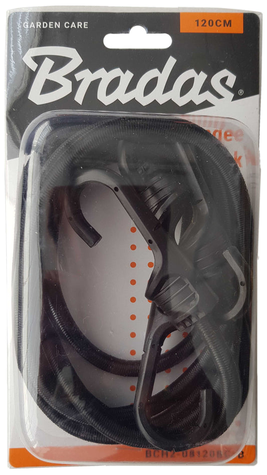 Pack of two Bradas 120cm elastic bungee cords with PVC-coated metal hooks.