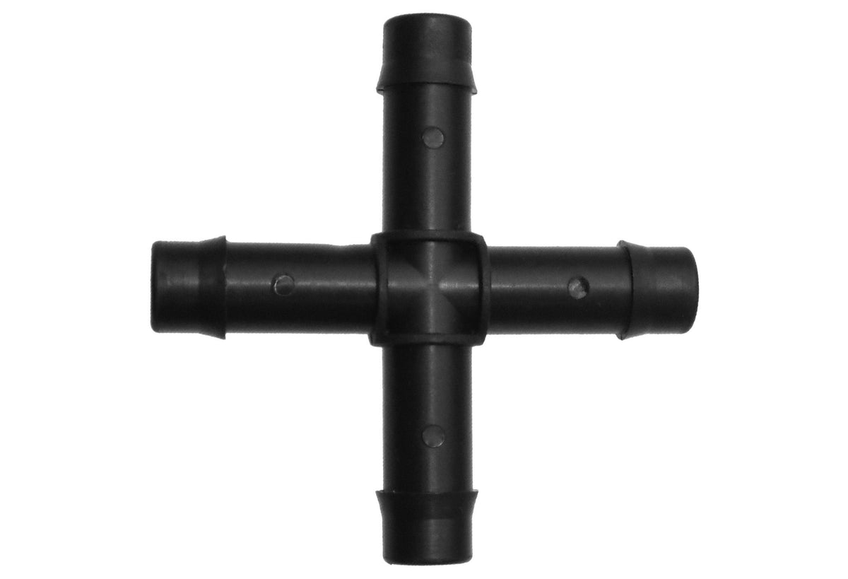 Single black Antelco cross fitting with four 13mm barbed tube connections.