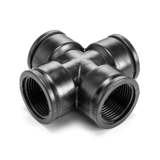 Black polypropylene four-way cross fitting with 1″ BSP female ports.