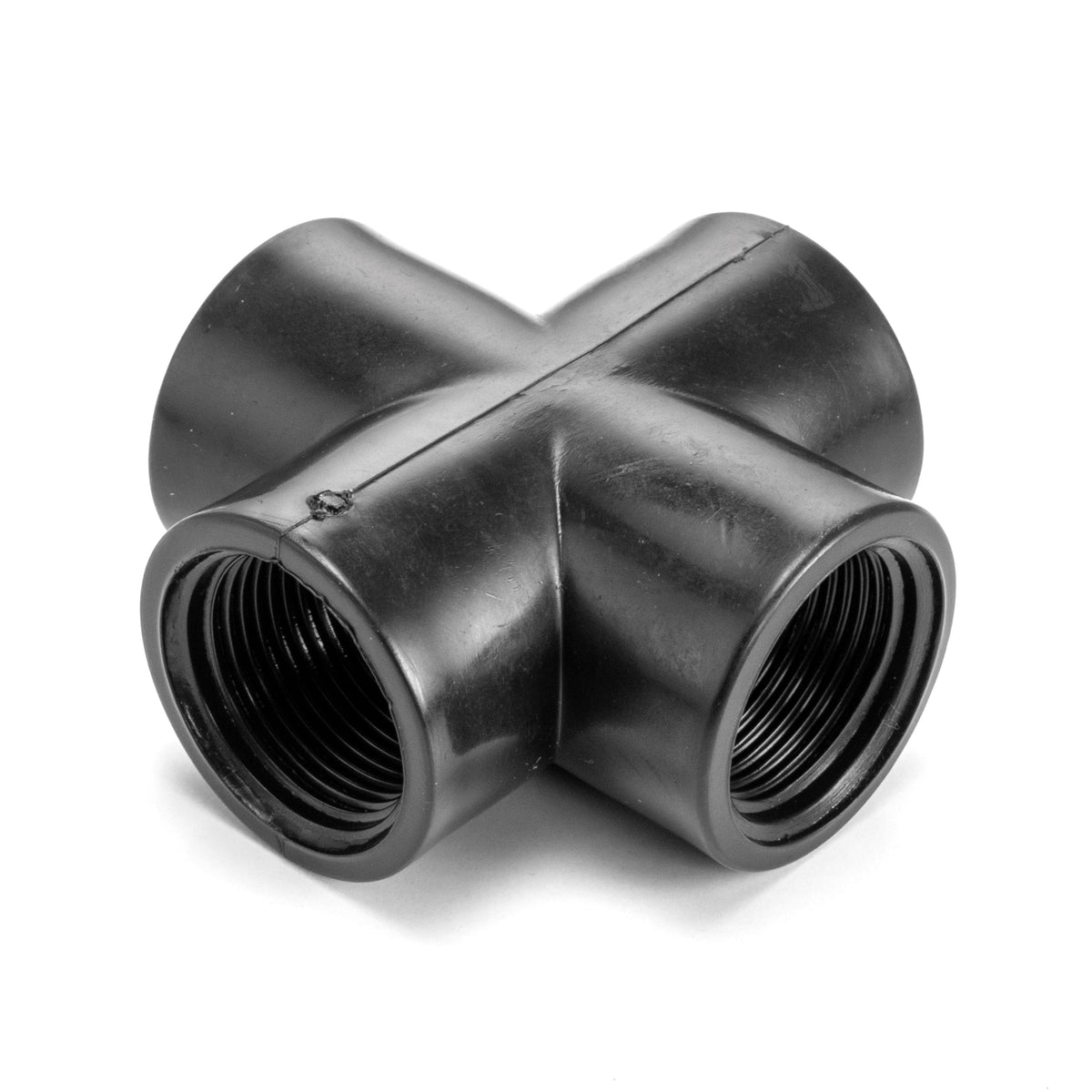 Black polypropylene four-way cross fitting with ¾″ BSP female ports.
