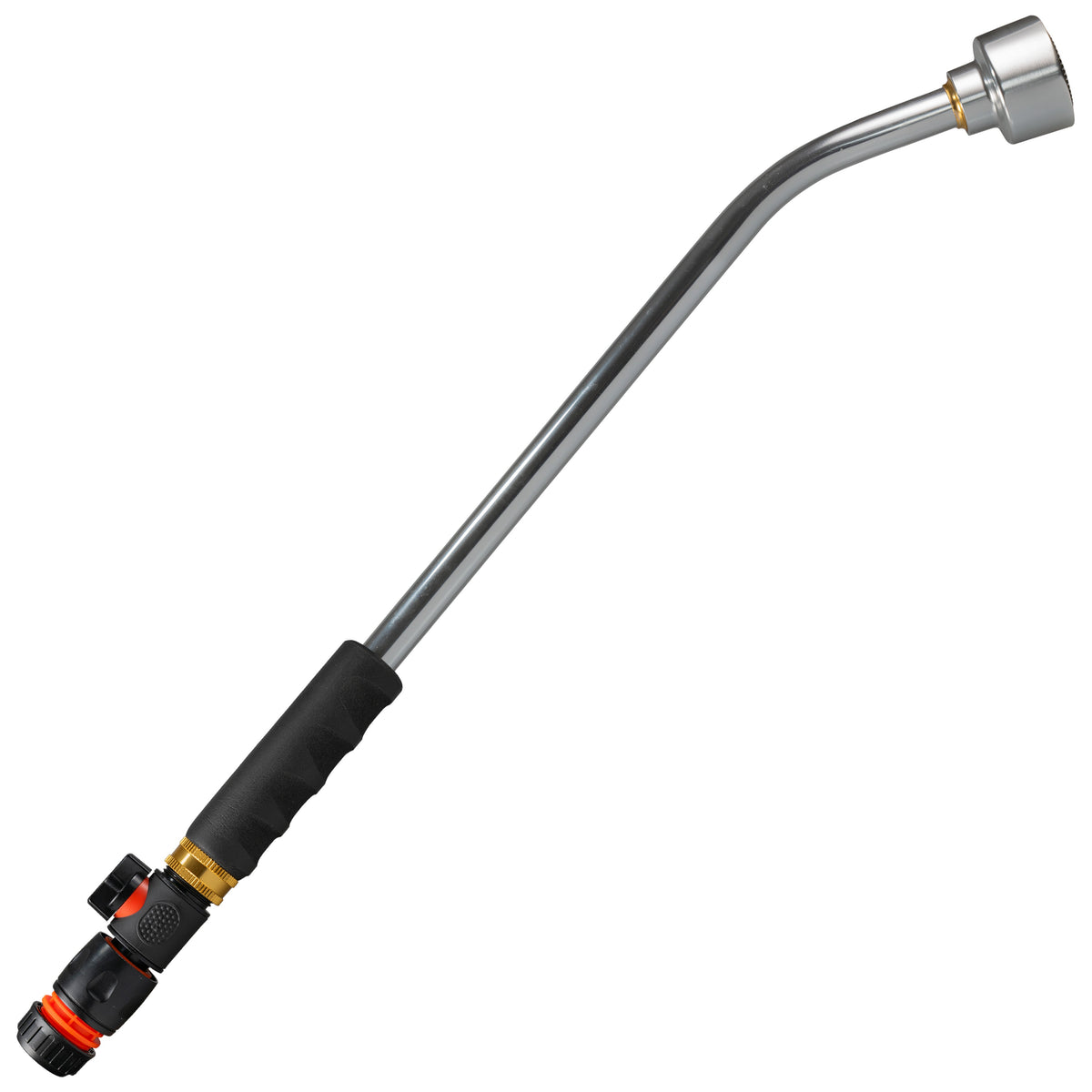 50cm aluminium watering lance with black valve and black/orange female hose connector.