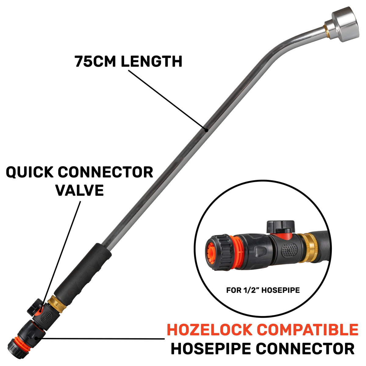 75cm Watering Lance with Black Valve & ½″ Hose Connector