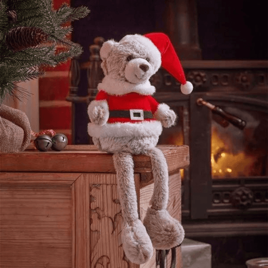 Christmas Santa Teddy Sitting Ornament Plush Festive Decoration