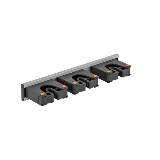 28cm wall-mounted tool-storage rail with 3 gripper holders.