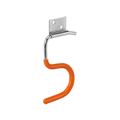 Orange PVC-coated steel S-shaped tool hook with metal wall-mounting plate.