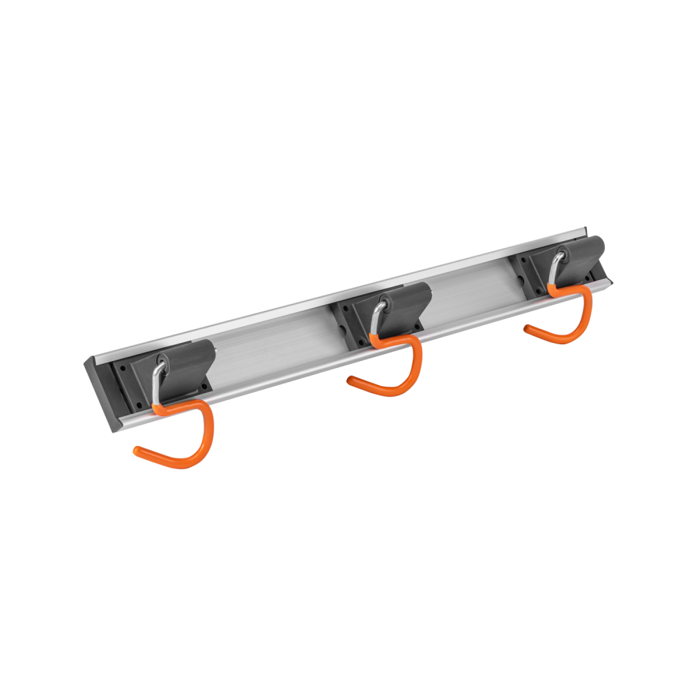 50cm wall tool rail with 3 orange-coated S-shaped tool hooks.