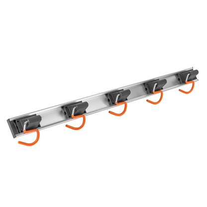 79cm wall tool rail with 5 orange-coated S-shaped tool hooks.