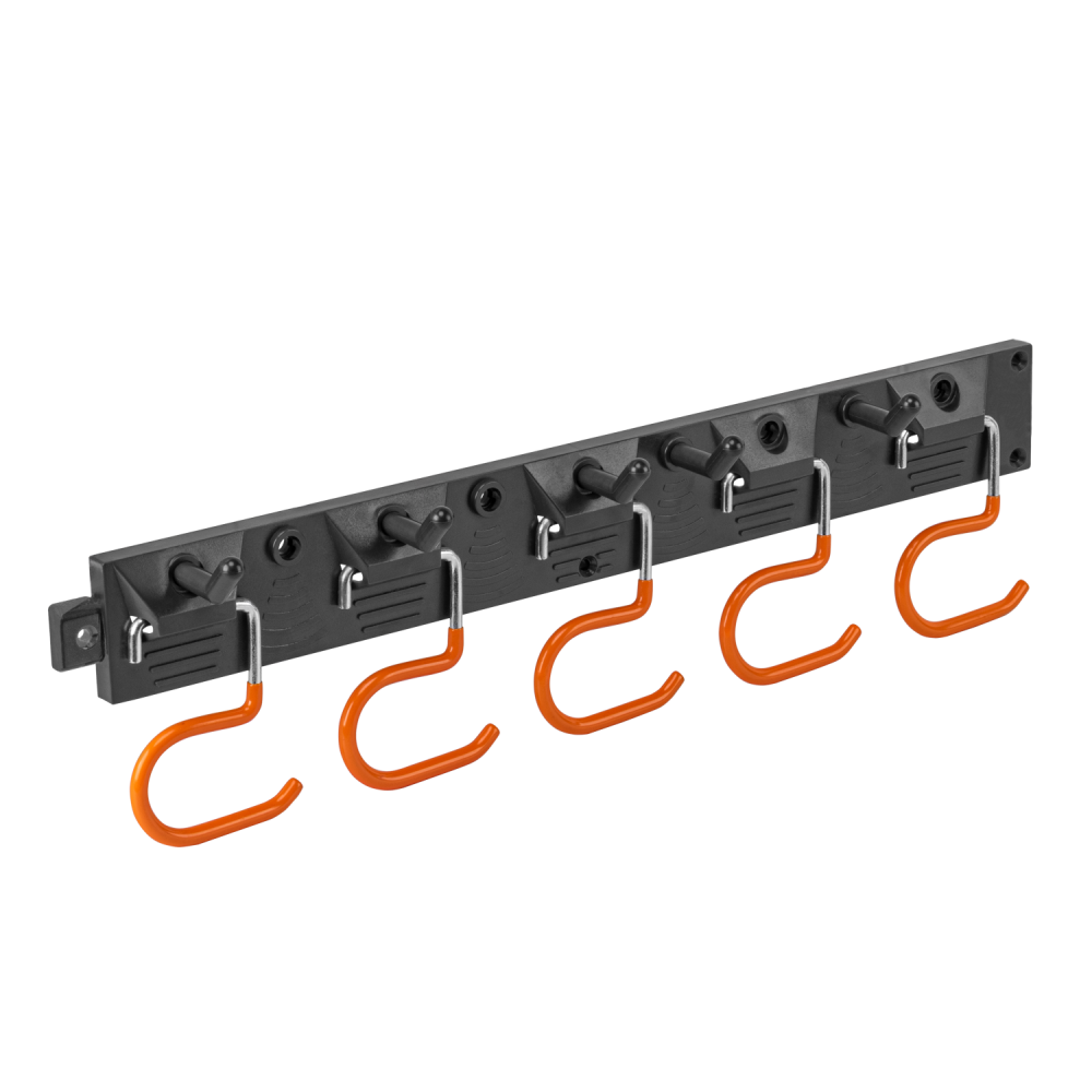 43cm wall tool rail with five black peg hooks and five orange S-hooks.