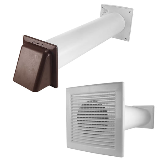 Through-wall ventilation kit with white DL/100 LUX inner grille, white duct and brown external hood.