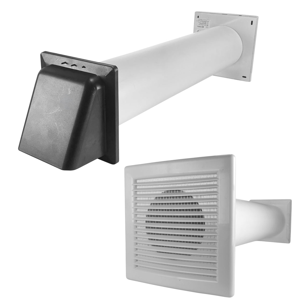 Through-wall ventilation kit with white DL/100 LUX inner grille, white duct and graphite external hood.