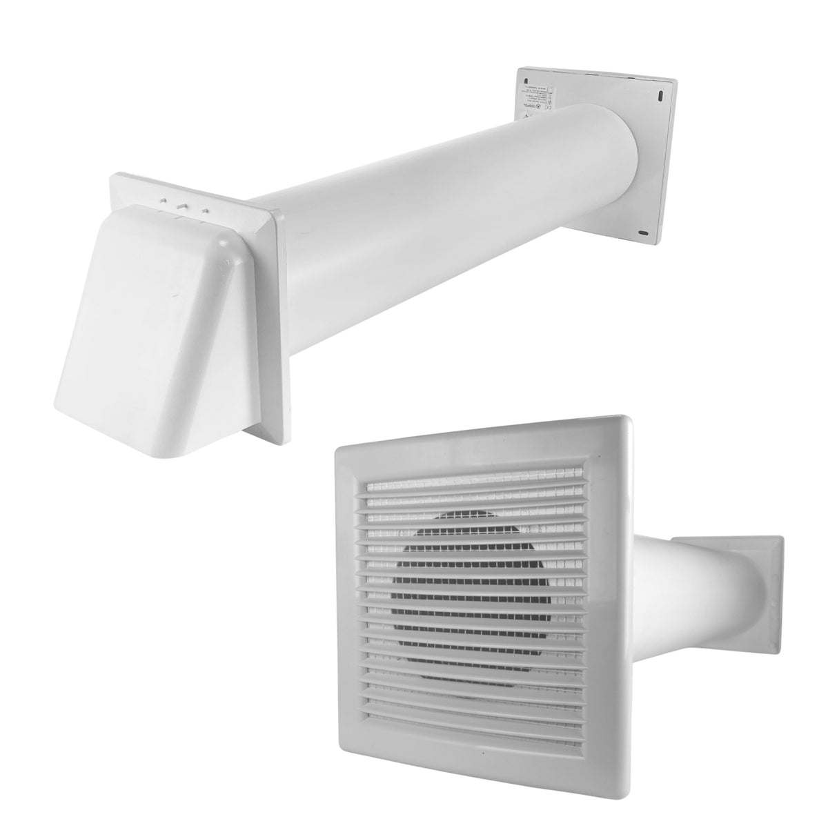 Through-wall ventilation kit with white DL/100 LUX inner grille, white duct and white external hood.