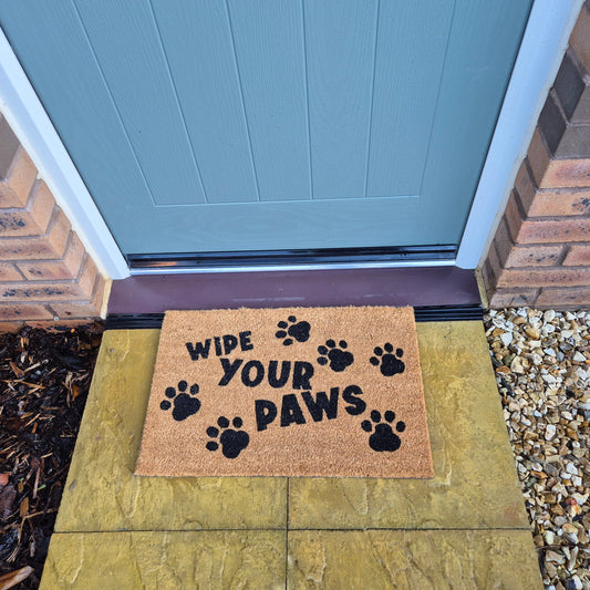 'Wipe Your Paws' Paw Print Coir Fibre Doormat with Rubber Backing (60cm x 40cm)