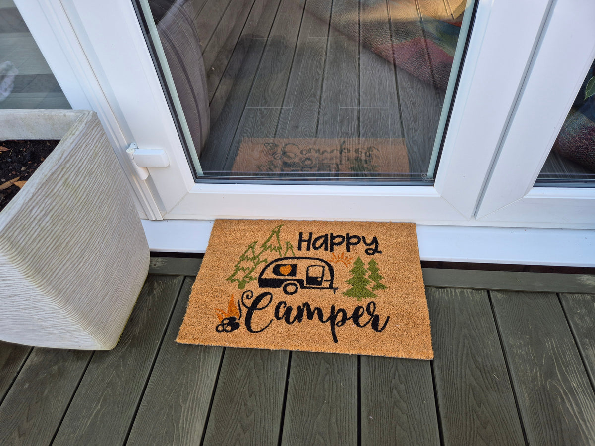 Happy Camper Coir Doormat – 40 × 60cm