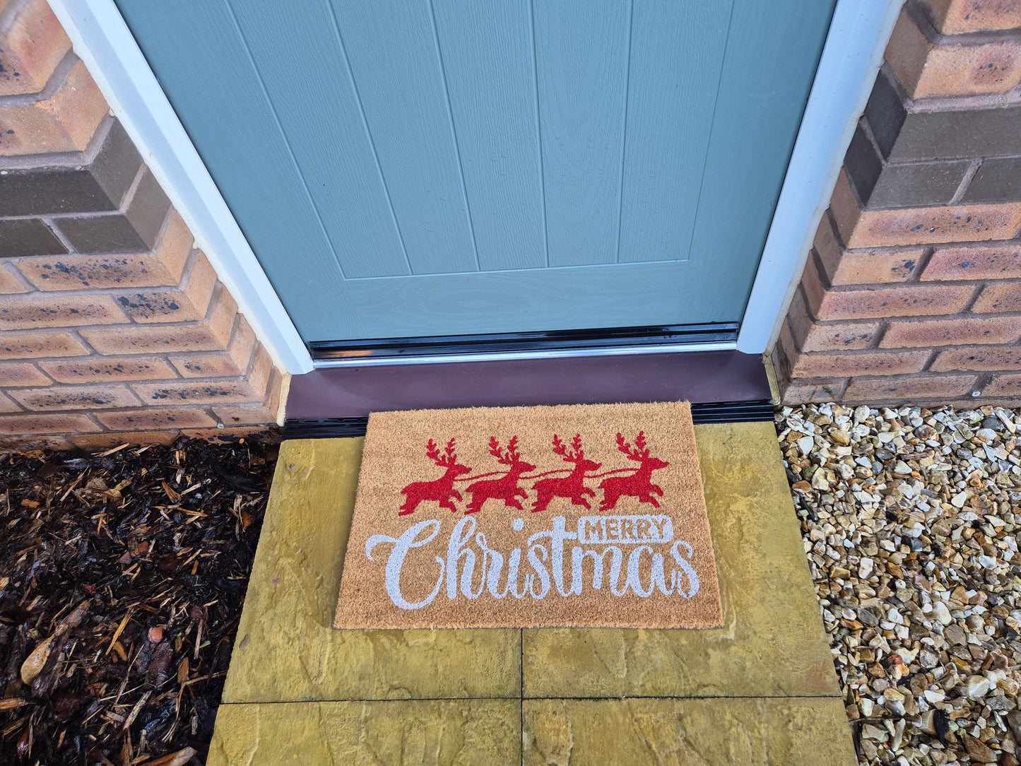 'Merry Christmas' (Red Reindeer) Coir Fibre Doormat with Rubber Backing (60cm x 40cm)