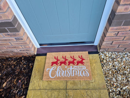'Merry Christmas' (Red Reindeer) Coir Fibre Doormat with Rubber Backing (60cm x 40cm)