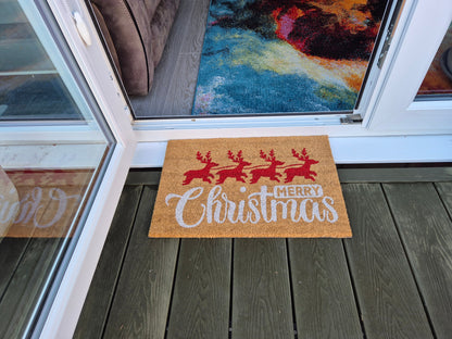 'Merry Christmas' (Red Reindeer) Coir Fibre Doormat with Rubber Backing (60cm x 40cm)