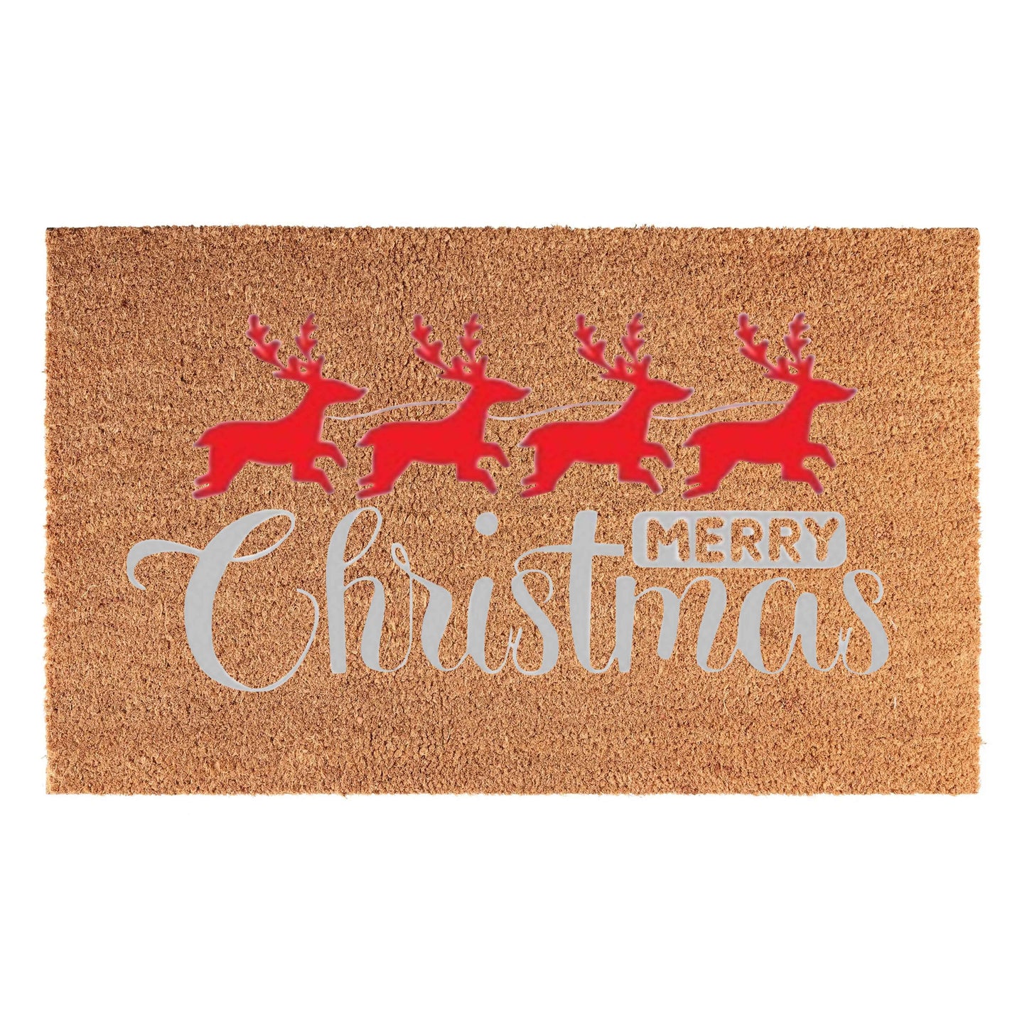 'Merry Christmas' (Red Reindeer) Coir Fibre Doormat with Rubber Backing (60cm x 40cm)