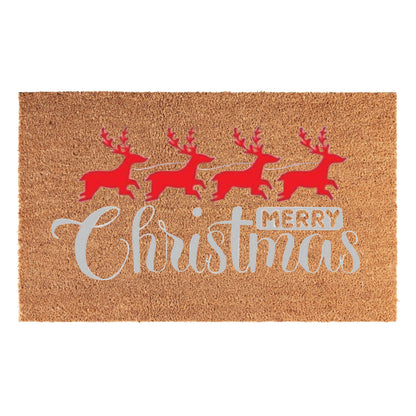 'Merry Christmas' (Red Reindeer) Coir Fibre Doormat with Rubber Backing (60cm x 40cm)