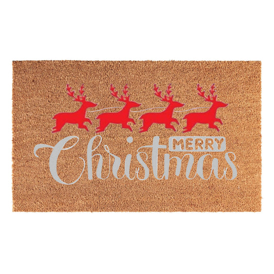 'Merry Christmas' (Red Reindeer) Coir Fibre Doormat with Rubber Backing (60cm x 40cm)