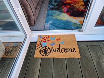 'Welcome' Butterfly Print Coir Fibre Doormat with Rubber Backing (60cm x 40cm)