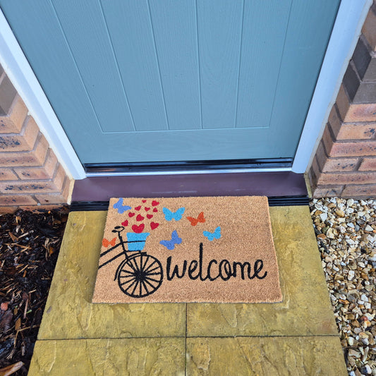'Welcome' Butterfly Print Coir Fibre Doormat with Rubber Backing (60cm x 40cm)