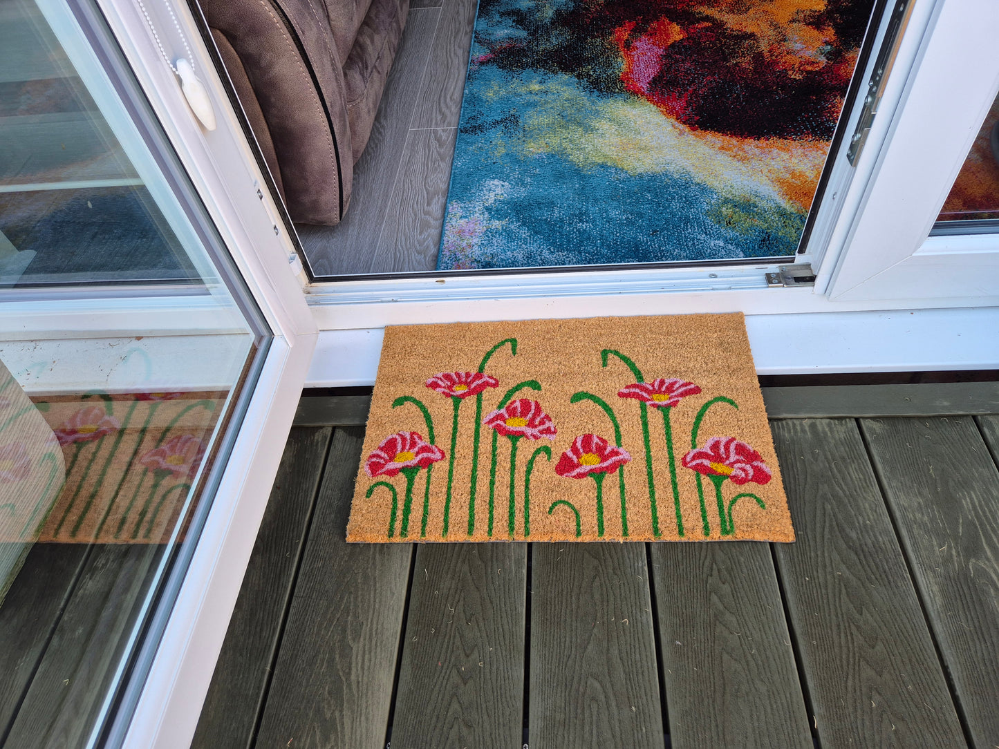 Flower Print Coir Fibre Doormat with Rubber Backing (60cm x 40cm)