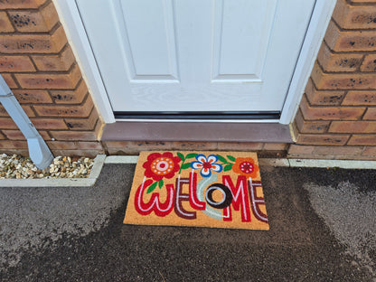 'Welcome' Flower Print Coir Fibre Doormat with Rubber Backing (60cm x 40cm)