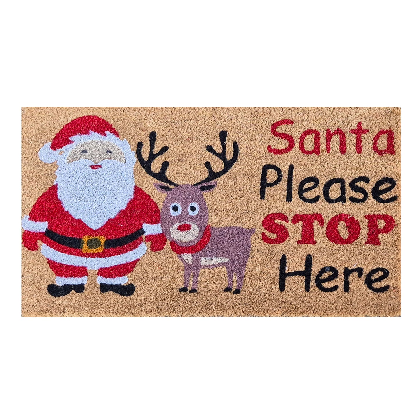 'Santa Please Stop Here' Coir Fibre Doormat with Rubber Backing (60cm x 40cm)