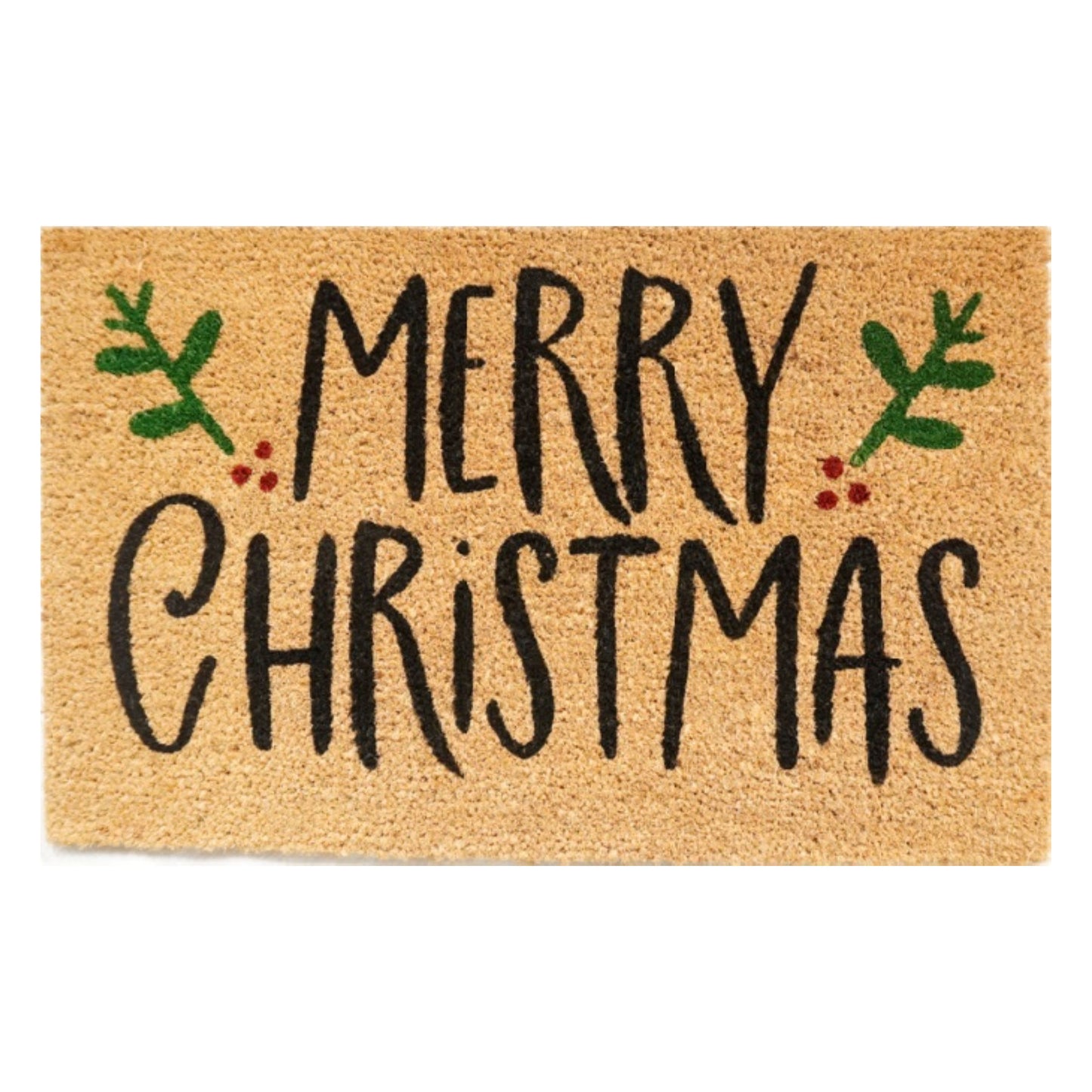 'Merry Christmas' (Holly) Coir Fibre Doormat with Rubber Backing (60cm x 40cm)