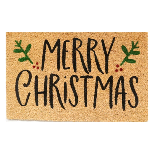 'Merry Christmas' (Holly) Coir Fibre Doormat with Rubber Backing (60cm x 40cm)