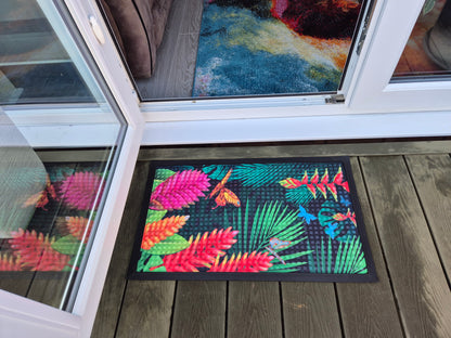 Tropical Flower Butterfly Print Embossed Textured Door Mat (45cm x 75cm)