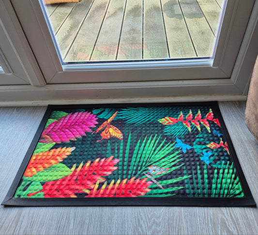 Tropical Flower Butterfly Print Embossed Textured Door Mat (45cm x 75cm)
