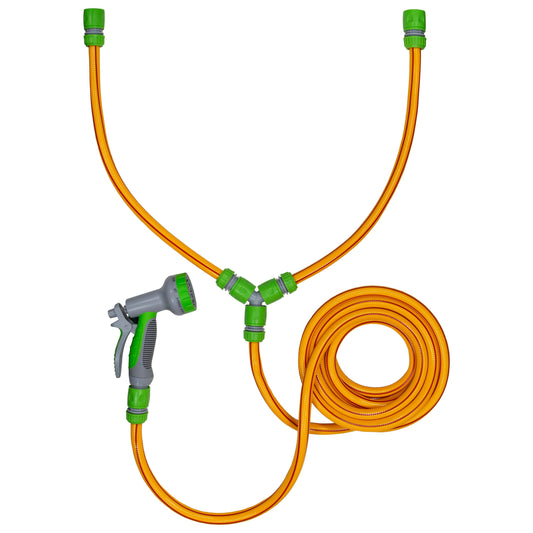 Yellow/Lime Dog Shower Kit – 5m Hose & 3-Way Splitter; product design shown.