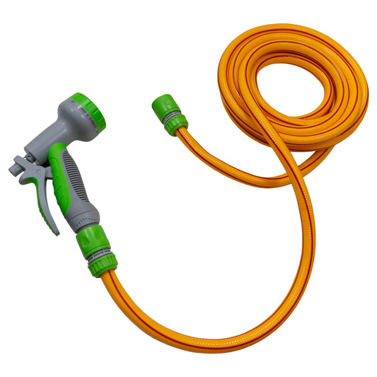 Yellow/Lime Dog Shower Kit – 5m Hose & 8-Pattern Spray Gun; product design shown.