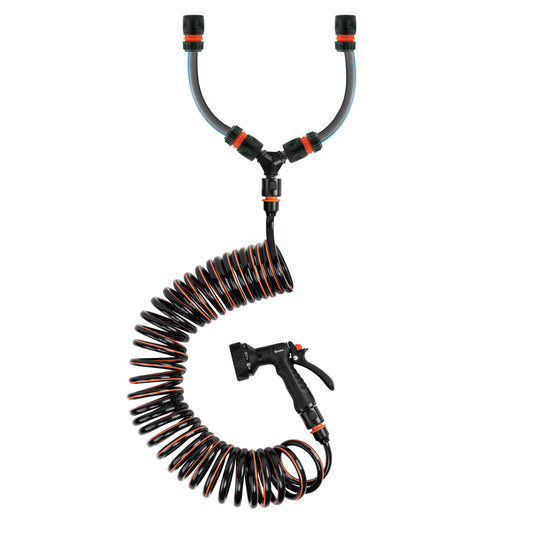 Dog rinse connection kit with 10m spiral hose, spray gun and three-way hose connection.