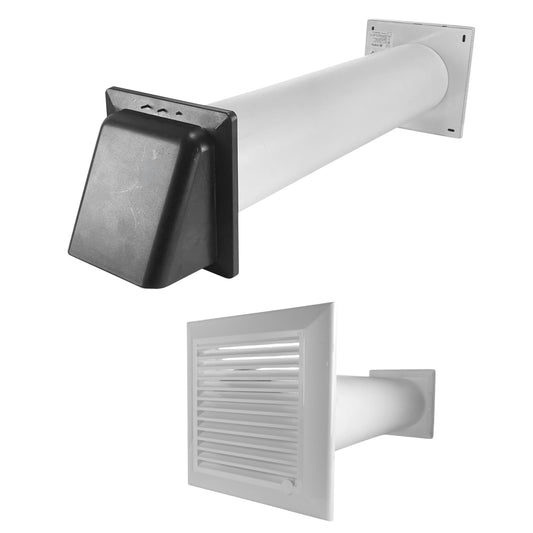 Through-wall ventilation kit with white Duo Smart inner grille, white duct and graphite external hood.