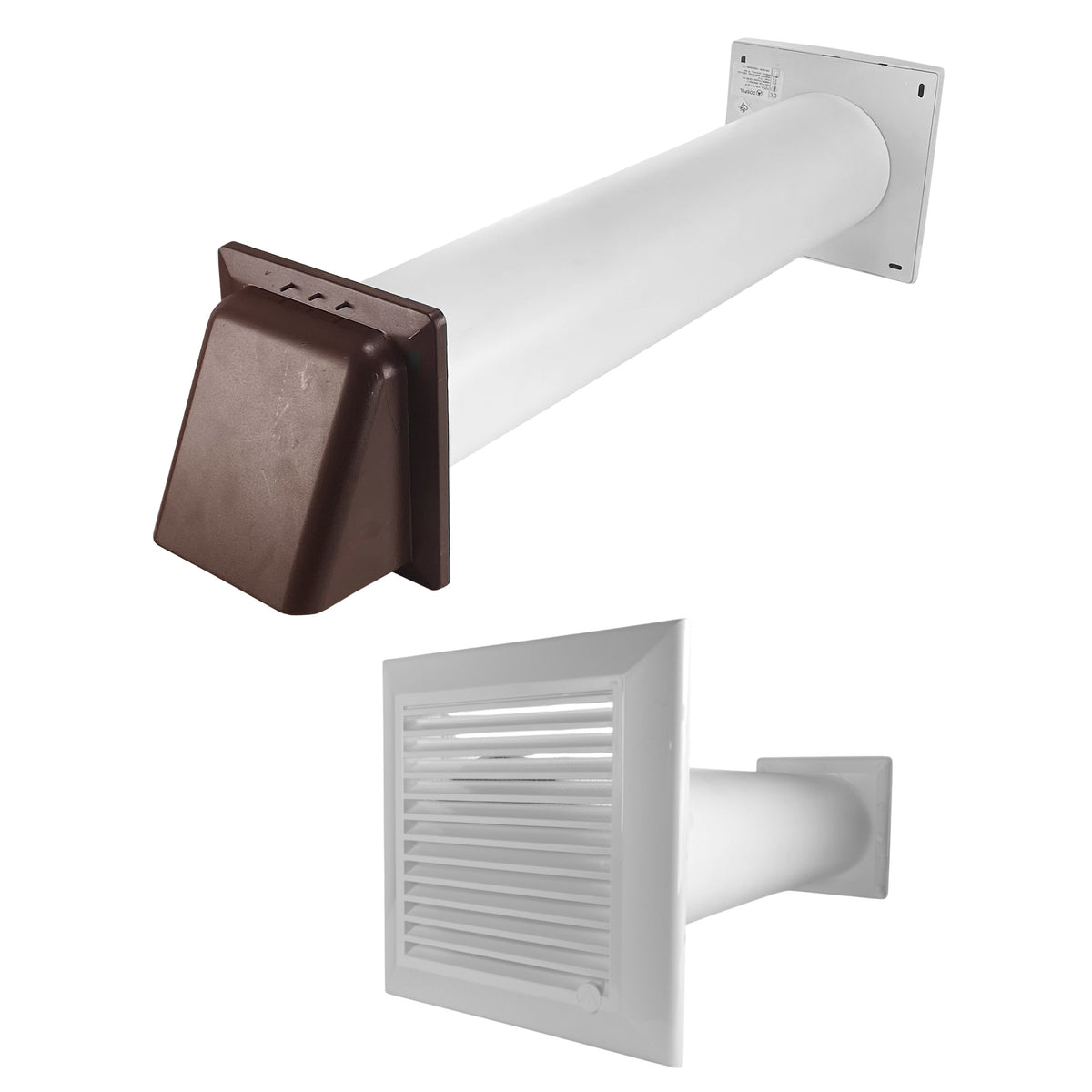 Through-wall ventilation kit with white Duo Smart inner grille, white duct and brown external hood.