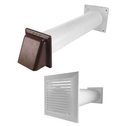 Through-wall ventilation kit with white Duo Smart inner grille, white duct and brown external hood.