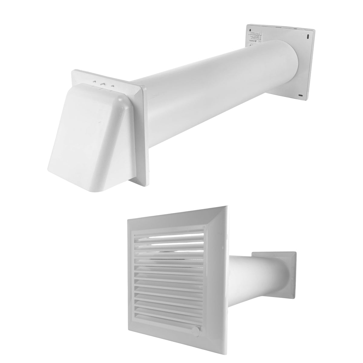 Through-wall ventilation kit with white Duo Smart inner grille, white duct and white external hood.