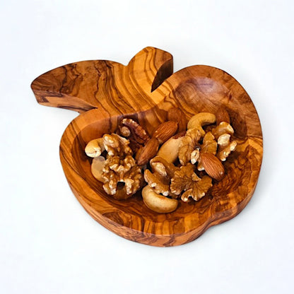 Handmade Olive Wood Apple-Shaped Snack Bowl - 14cm Decorative Serving Dish