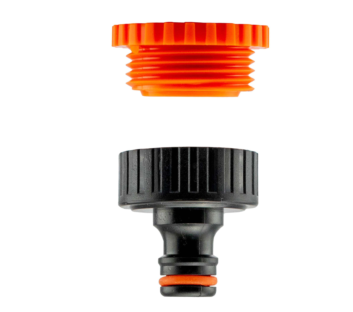 Black Quick Tap Adapter for 1″ or ¾″ BSP Male Taps; product design shown.