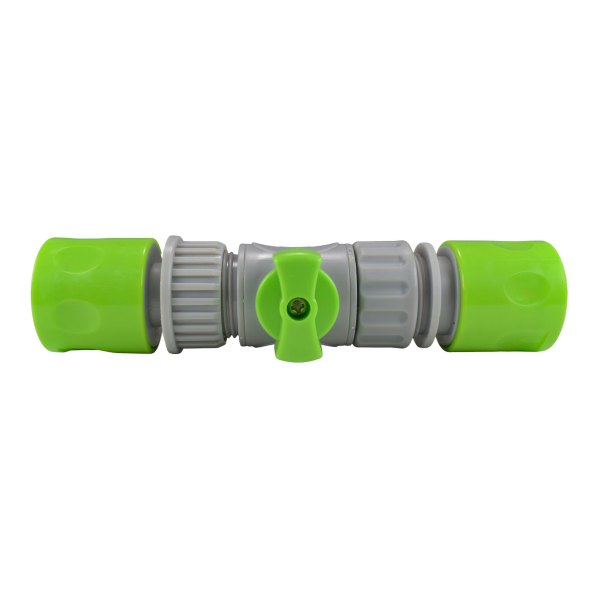 Lime female snap-on hose couplings with complementary ¾″ BSP male and female threaded ends and an inline valve.