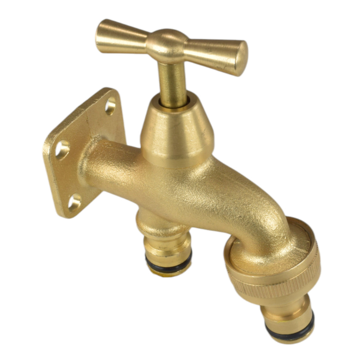 Brass garden bib tap with mounting plate, quick-connect inlet and snap-on outlet adapter.