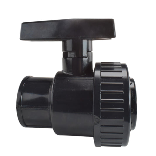 Black polypropylene single-union ball valve with 3″ BSP female connections and broad manual handle.