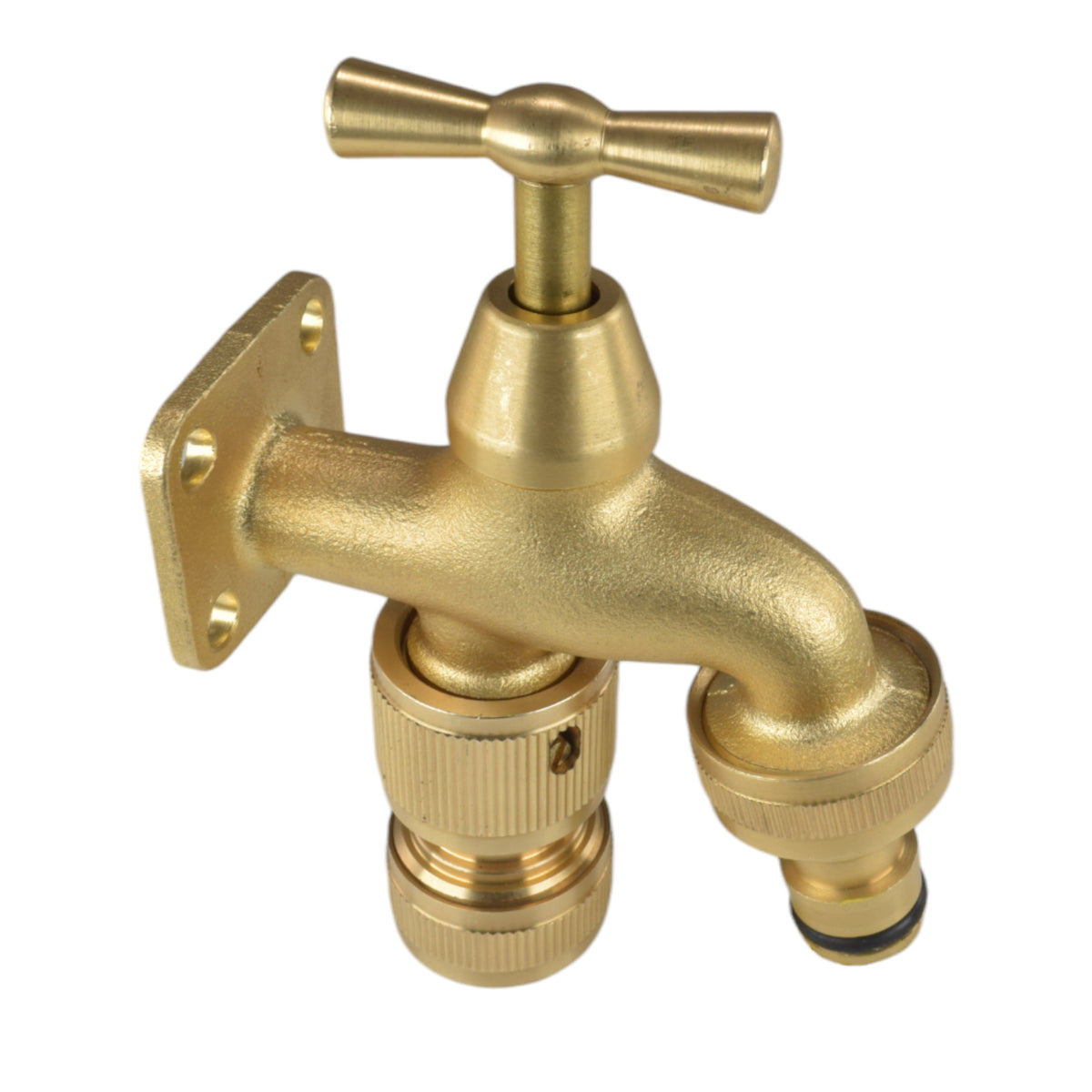 Brass garden bib tap with mounting plate, quick-connect inlet and snap-on outlet adapter.