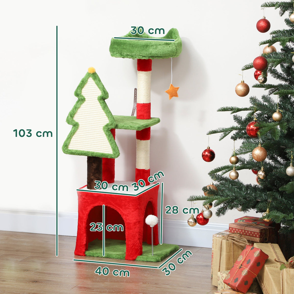 PawHut Christmas Cat Tree, 120cm Tower with Scratching Post & Board